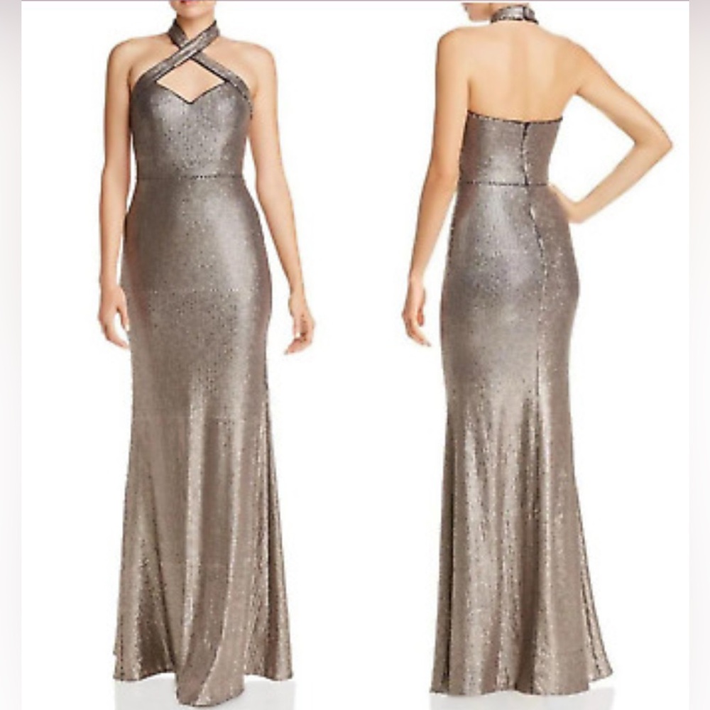 XSCAPE Allover Sequin Crisscross Halter Gown in Glittery size 6